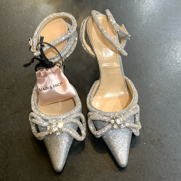 MACH & MACH Shoes - MACH & MACH silver glitter heels double bows & double ankle wrap EUC 36.5